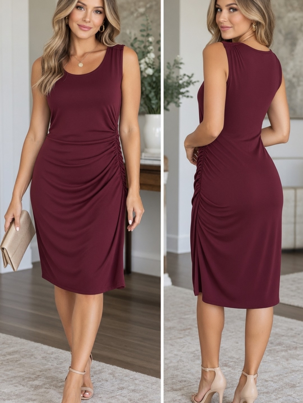 Sleeveless Ruched Side Midi Dress in Wine by